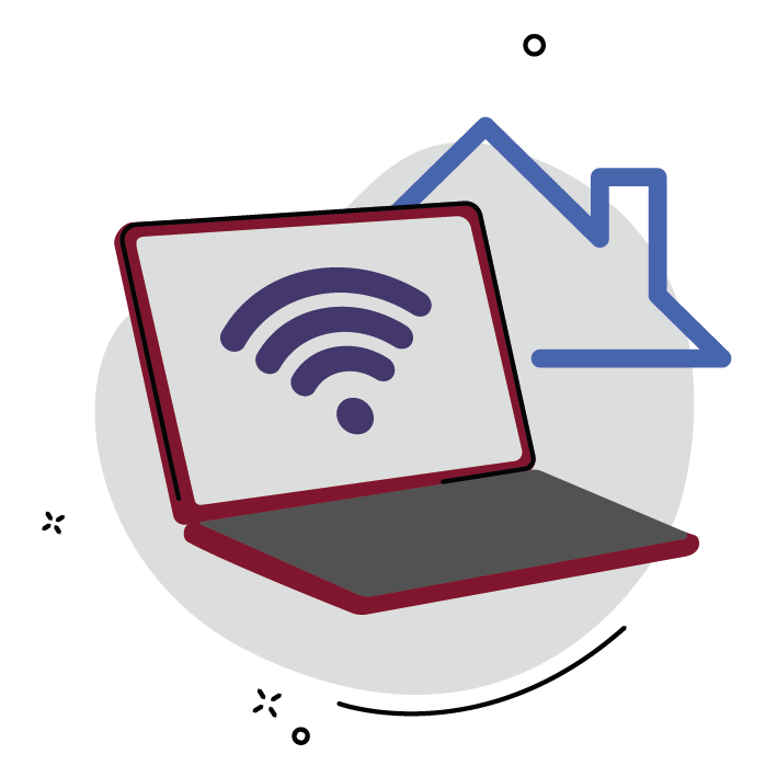 Illustration: Laptop mit WLAN Symbol und Haus im Hintergrund